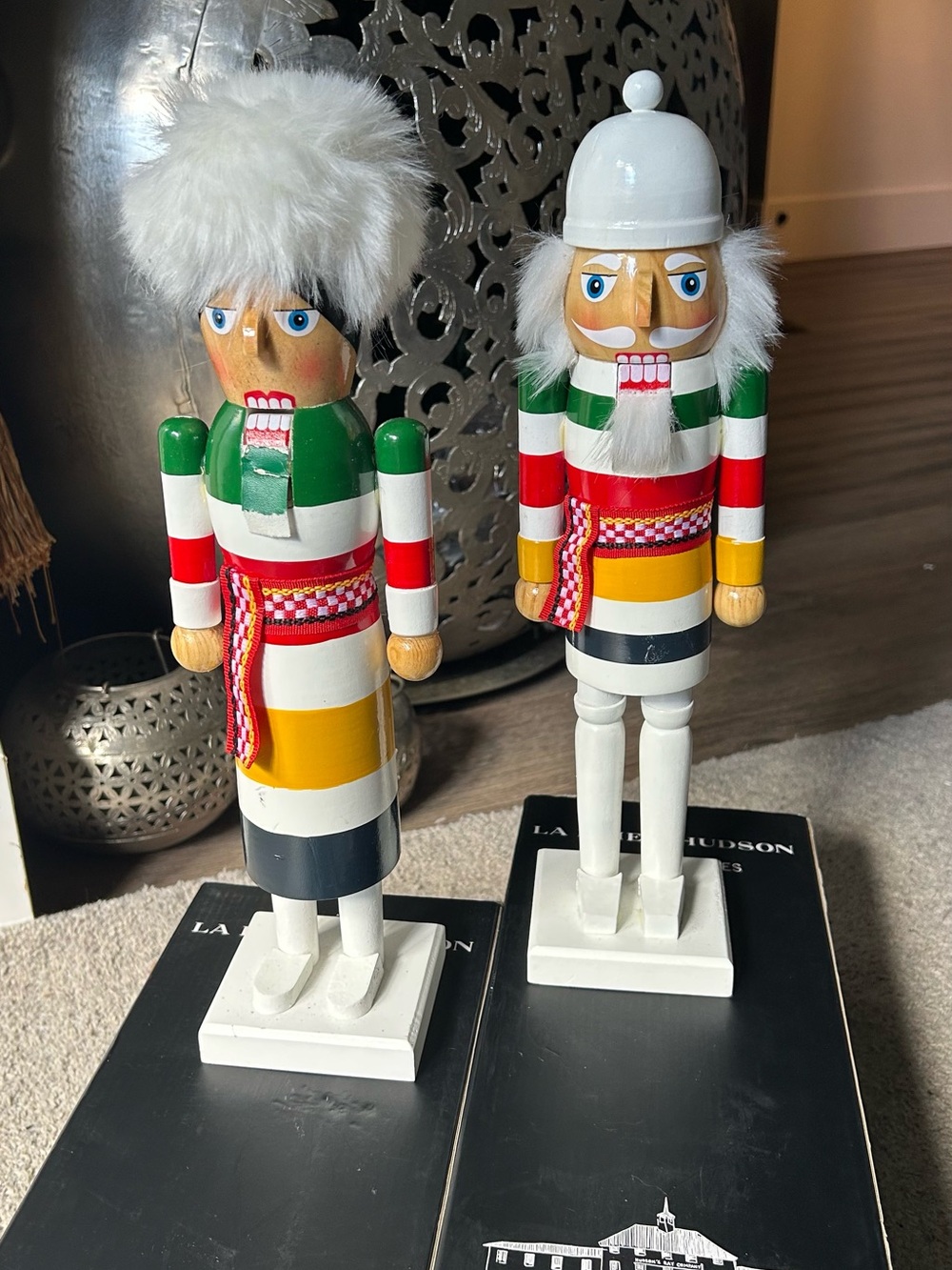 Hudsons Bay Festive Striped Wooden Nutcracker Pair - Green, Red, Yellow, White